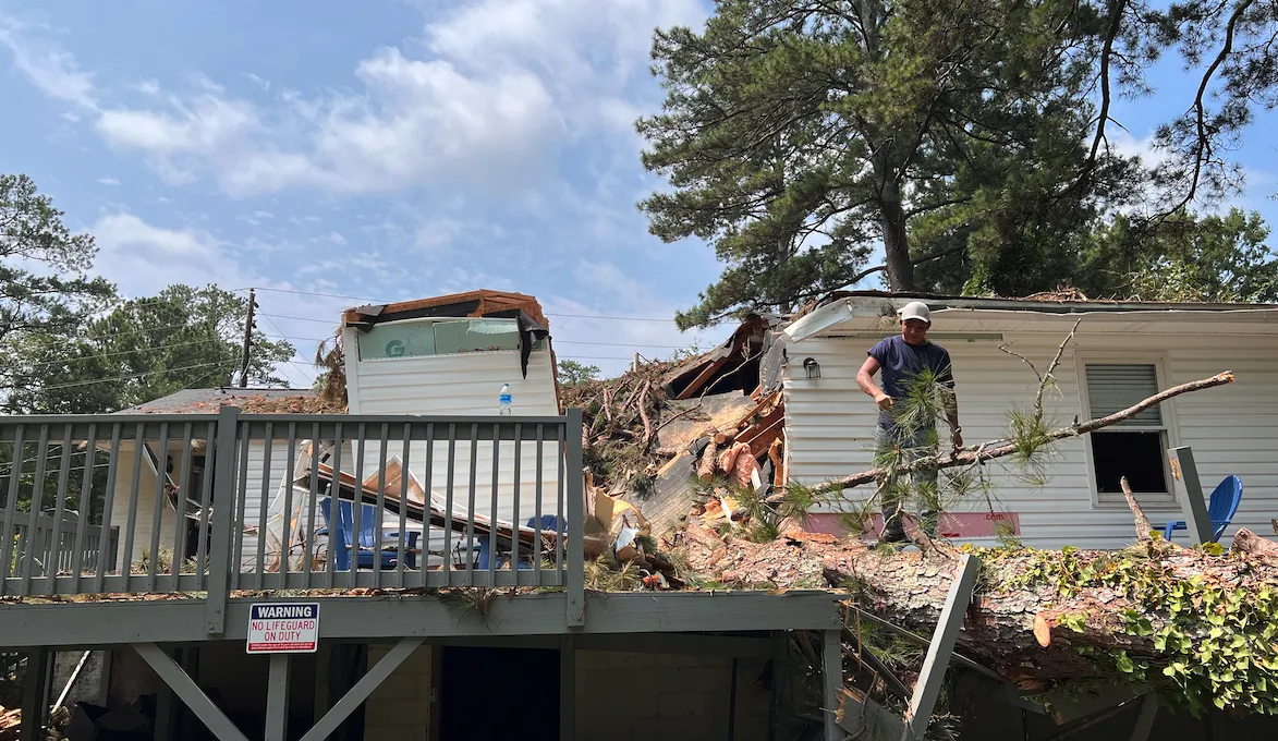 House with a large pine tree fallen through the roof