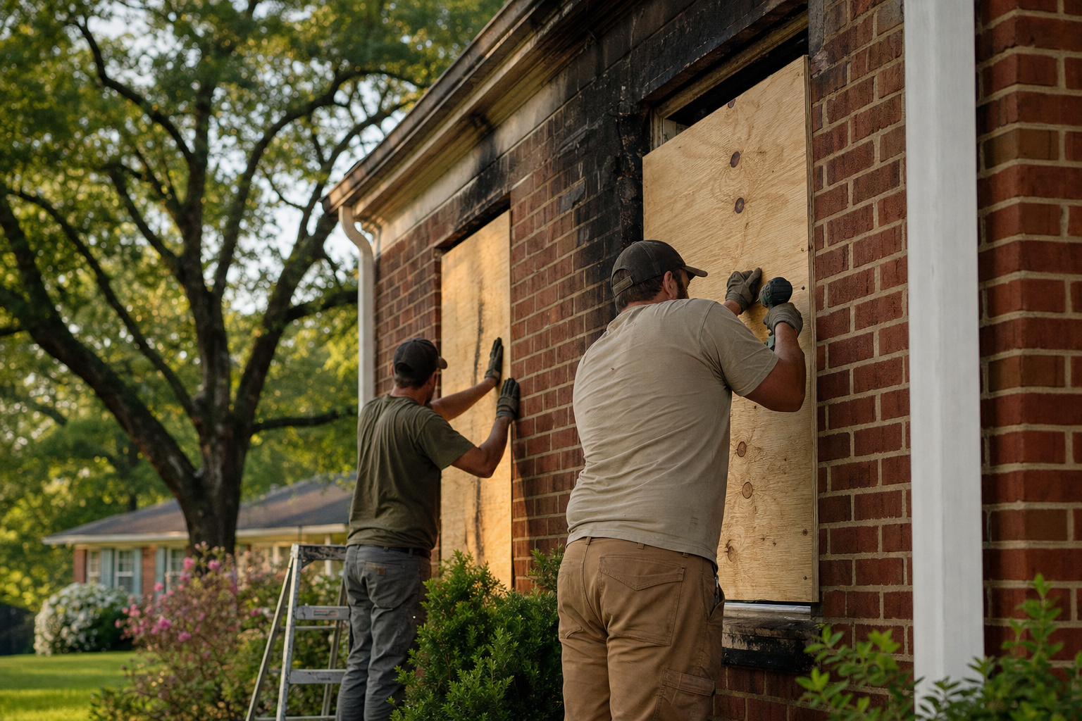 Peridot Assist crew boarding up a fire-damaged Newnan home